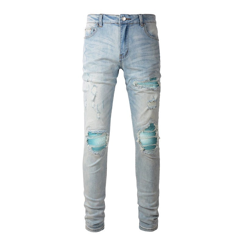 Blue Wash Water Worn Patch Torn Jeans for men