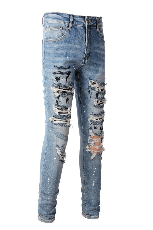 High Street Worn Out Wash Paint Splashing Perforated Jeans