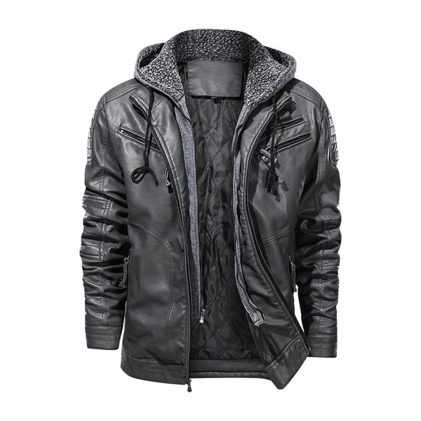 Men's PU Hooded Cotton Addition Leather Jacket Coat