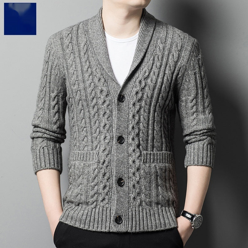 Cardigan lavorato a maglia da uomo, jacquard spesso, maglione monopetto