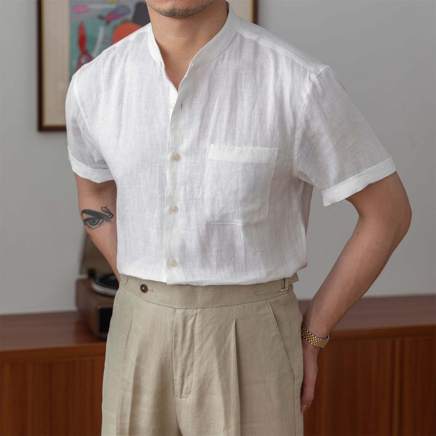 Positano Linen Grandad Collar Shirt