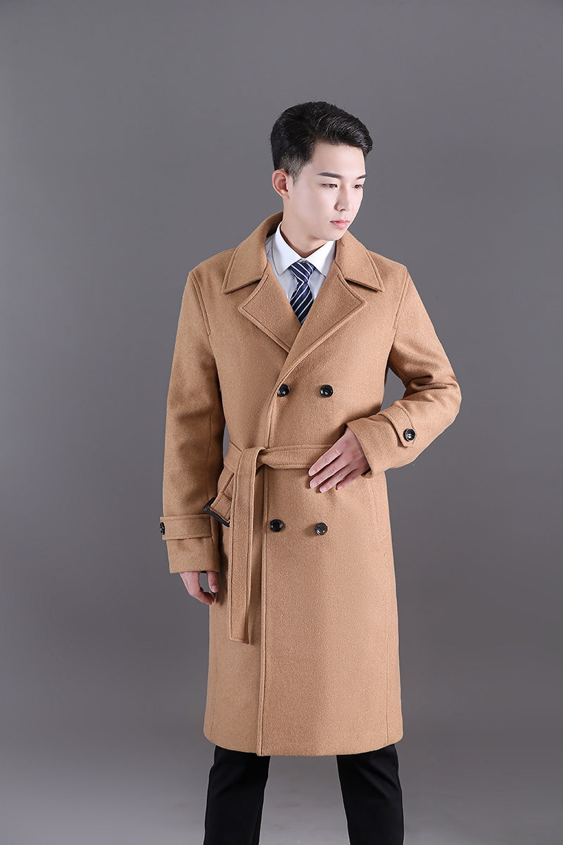 Men's Long Windbreaker Autumn And Winter Woolen Double-breasted Slim coat