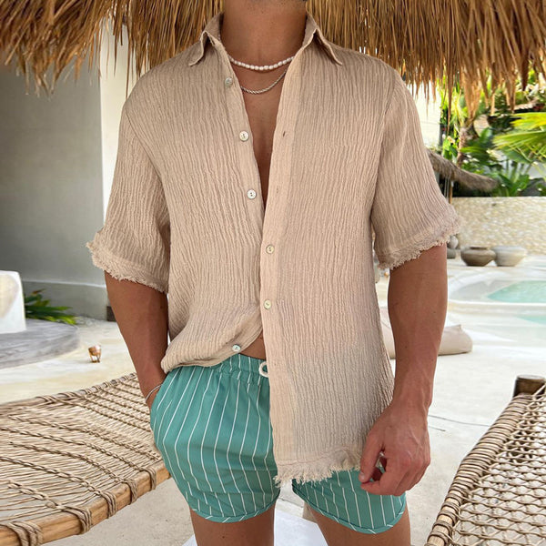 Camisa de lino de algodón informal elástica holgada para hombre