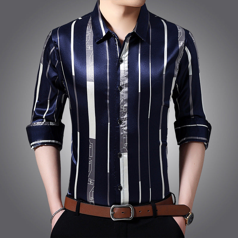 Spring And Autumn Striped Silk Ironing Shirt Men's Long Sleeves