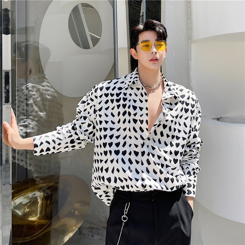 Black And White Collision Geometric Pattern Printed Shirt Men