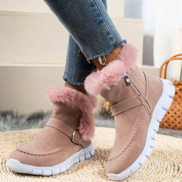 Snow Boots Winter Warm Thickened Plush Ankle Boots With Buckle Design Plus Velvet Flat Shoes For Women