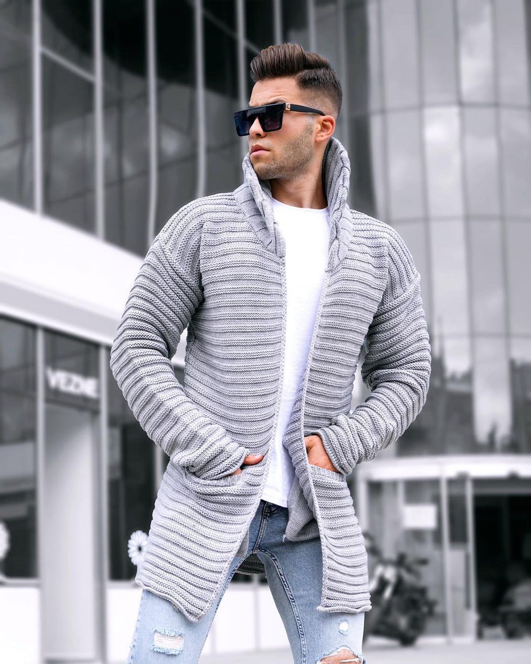 Ribbed Jacquard Solid Color Lapel Cardigan Windbreaker Sweater