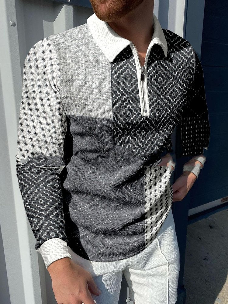 Suéter casual con estampado digital y solapa para hombre