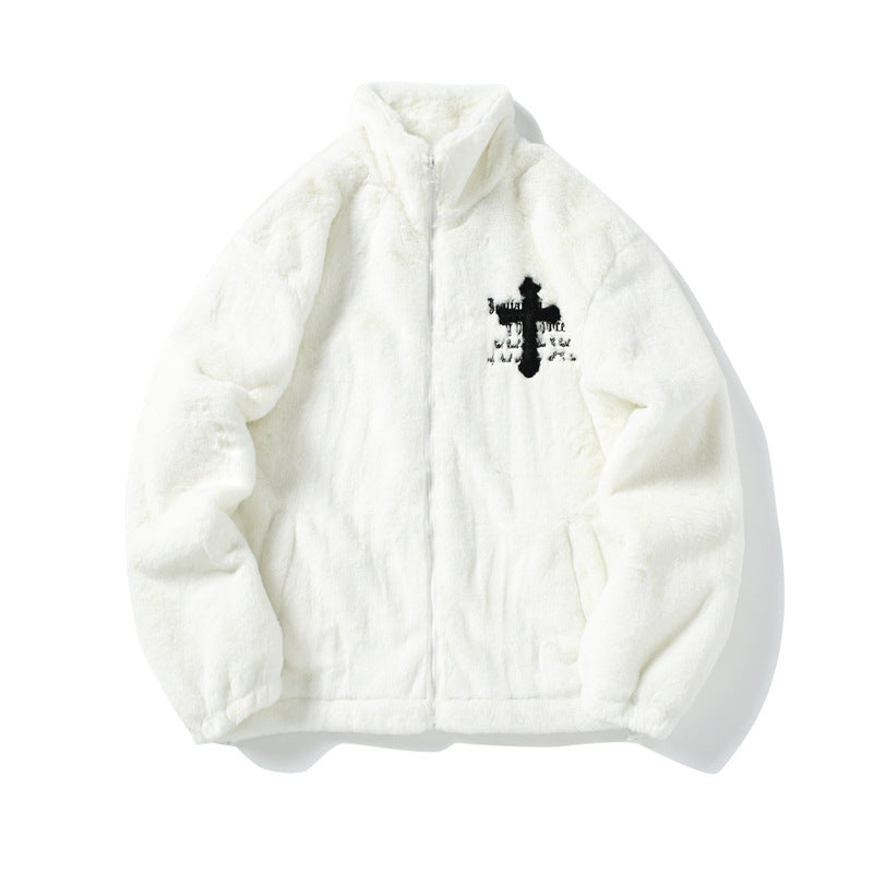 Men's Hip Hop Letter Embroidered Rabbit Fur Jacket