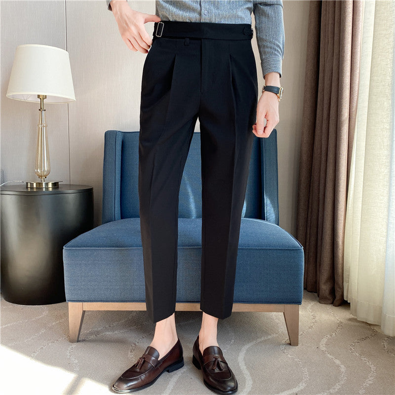 Pantalones casuales de negocios de cintura alta a rayas italianas para hombre