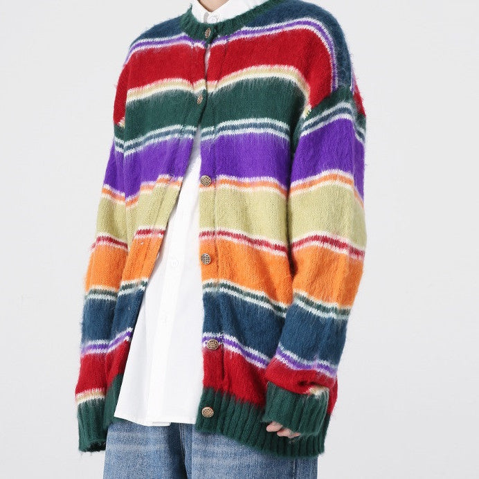 Retro Contrast Color Rainbow Striped Cardigan Knitted Sweater For Men