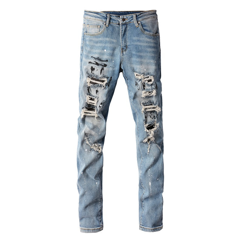 High Street Worn Out Wash Paint Splashing Perforated Jeans