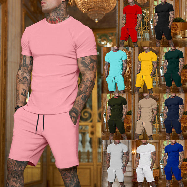 Men's Solid Color Short Sleeve Shorts summer Set