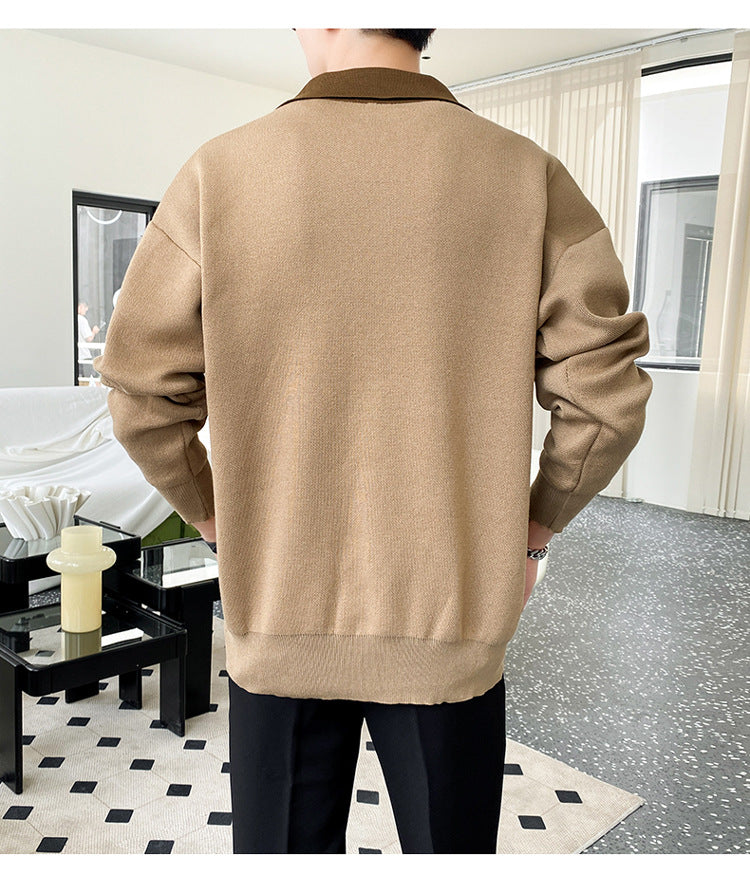 Suéter holgado con cuello tipo polo y media cremallera para hombre