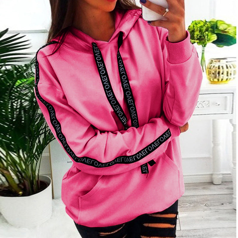 Ladies Loose And Thin Letter Ribbon Hooded Sweater