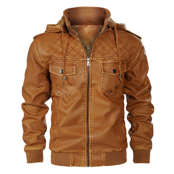 Fleece-lined Men's Autumn And Winter Hooded Leather Jacket