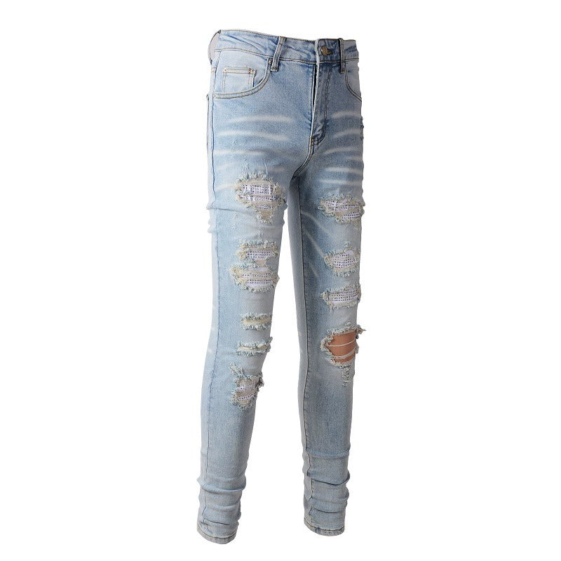 Light Colored Hot Diamond Patch With Holes In Elastic Tight Jeans For Men