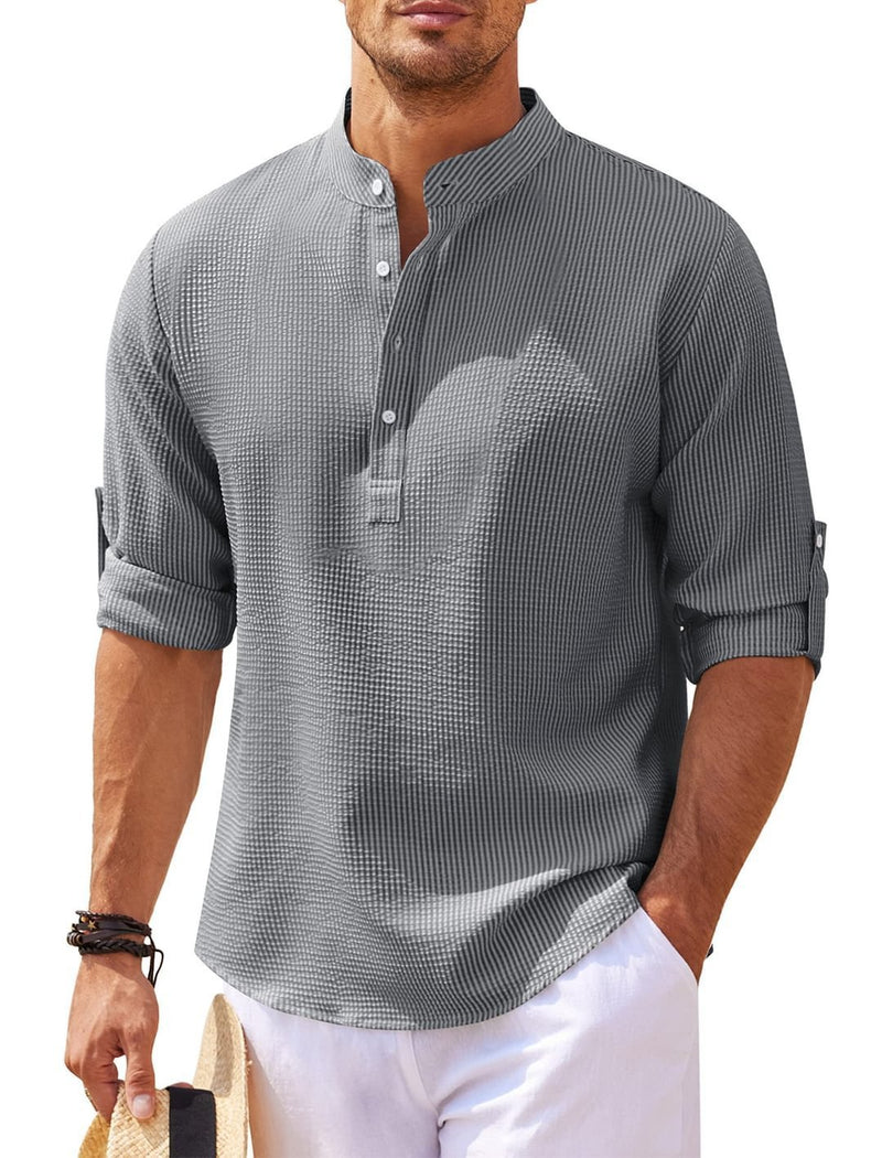 Men's Casual Long Sleeve Stand Collar Solid Color Shirt