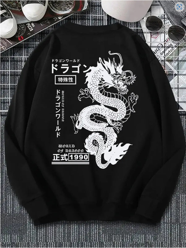 Maglione girocollo con stampa Tokyo Dragon da uomo, autunno e inverno, ampio