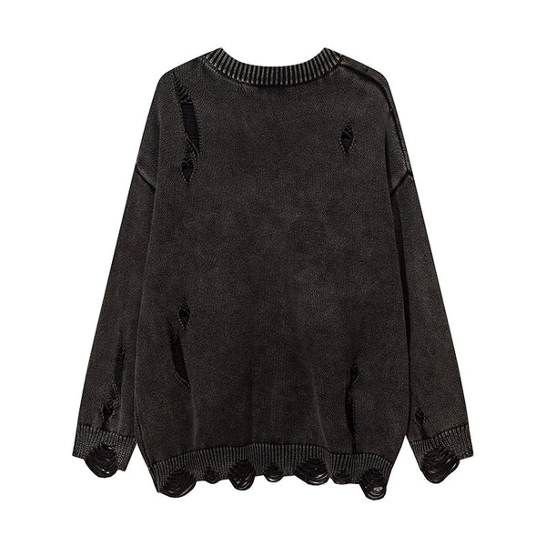 Heavy-duty Washed Old Ripped Round Neck Sweater