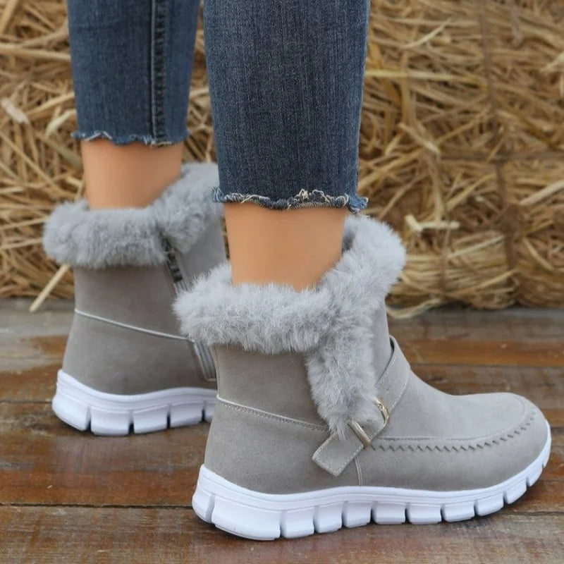 Snow Boots Winter Warm Thickened Plush Ankle Boots With Buckle Design Plus Velvet Flat Shoes For Women