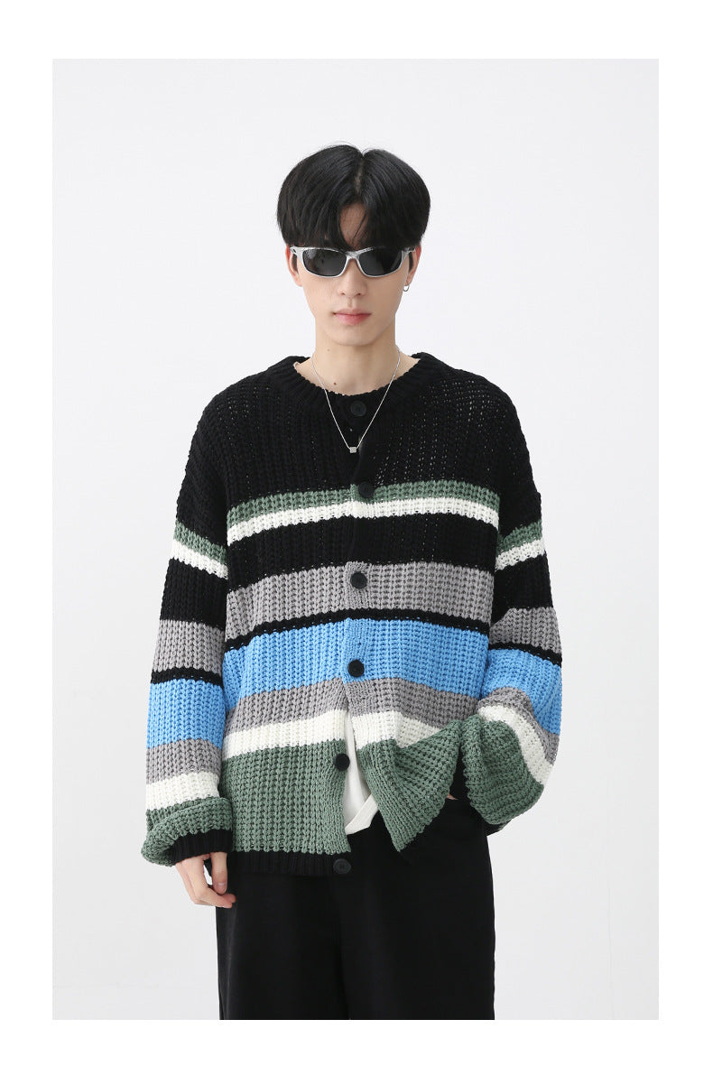 Autumn And Winter Men's Long-sleeve Cardigan Sweater Striped Coat