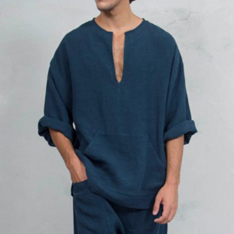 Men's Cotton Linen Loose Solid Color Breathable Men's Shirt