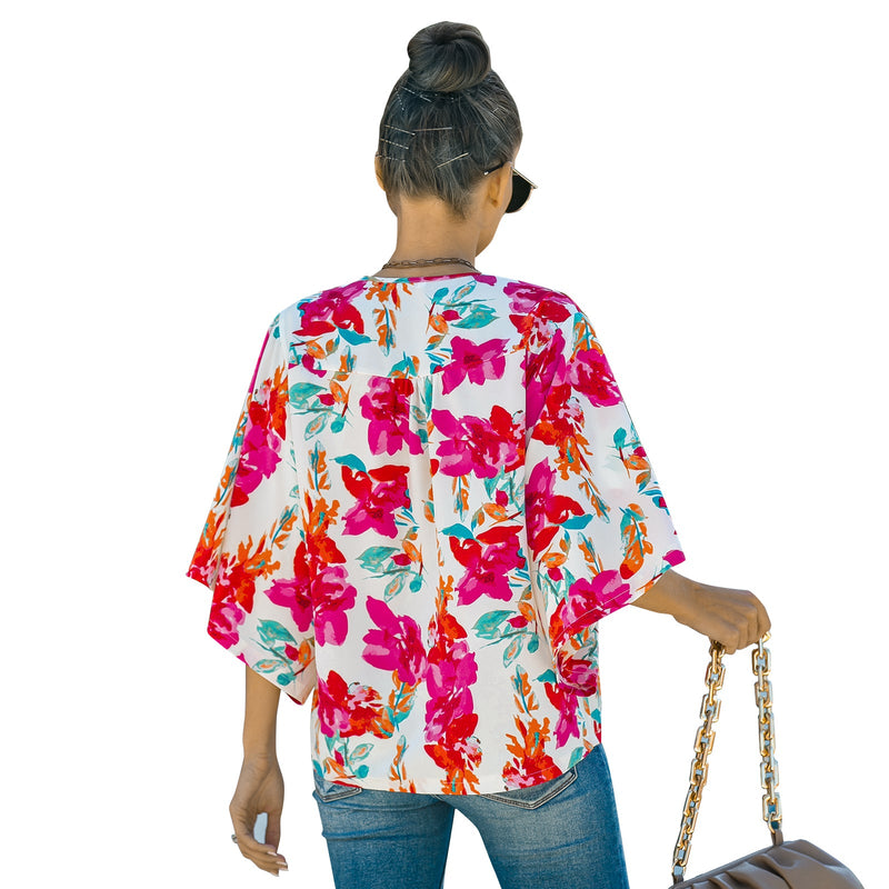 European And American Women's Five-quarter Sleeve Loose Floral Shirt