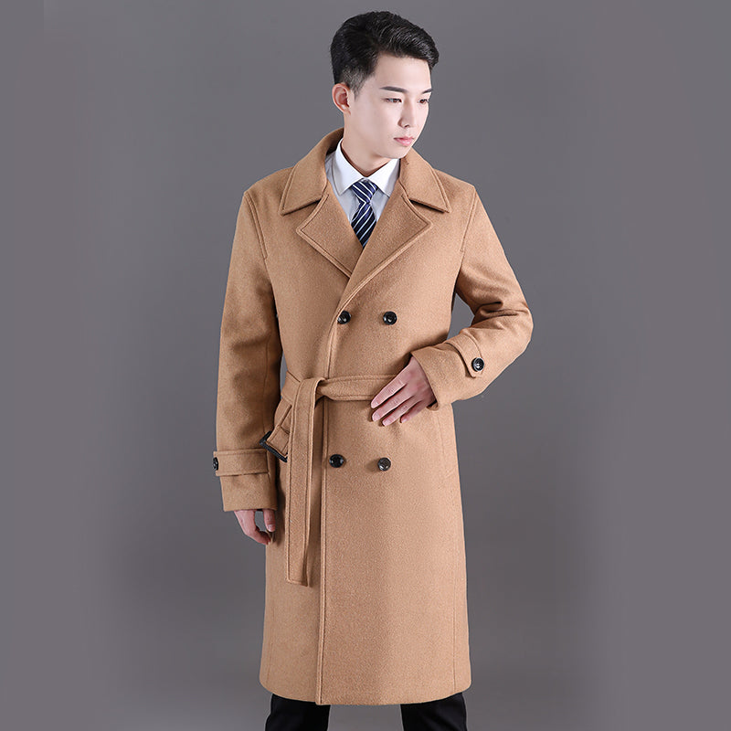 Men's Long Windbreaker Autumn And Winter Woolen Double-breasted Slim coat