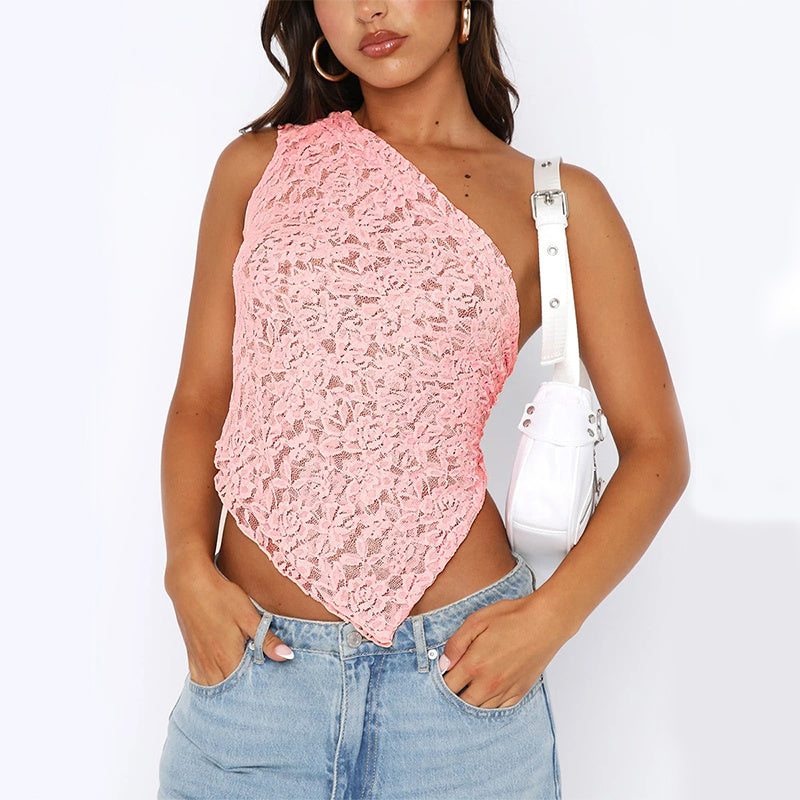 Ins Lace Backless Top Waistless Asymmetrical Sloped Neck Vest