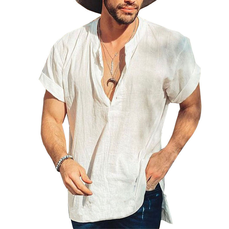 Men's Short Sleeve Simple Cotton Linen Shirt