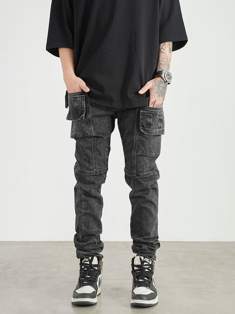 High Street Three-dimensional Pocket Stitching Slim Stretch Jeans Men