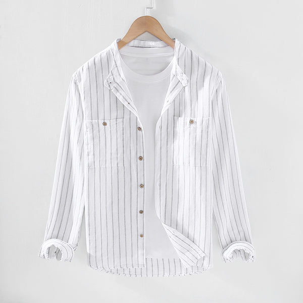 Stripe Double Pocket Stand Collar Casual Cotton Linen Long Sleeve shirt