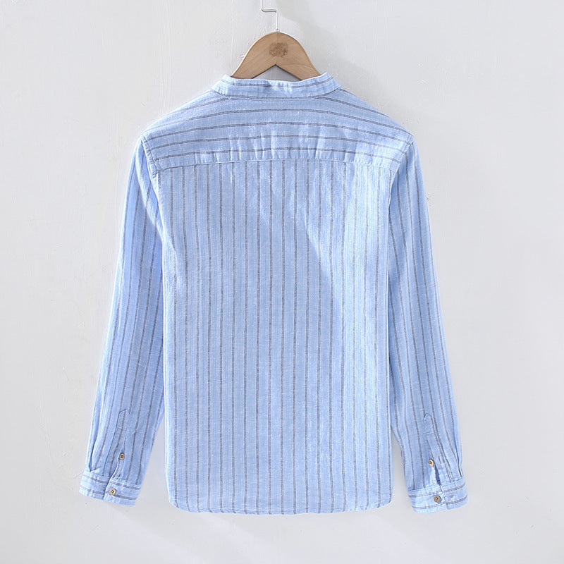 Stripe Double Pocket Stand Collar Casual Cotton Linen Long Sleeve shirt