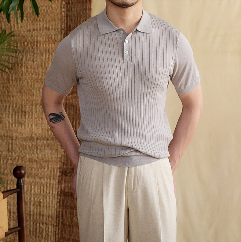 Athens Ribbed Pleated Knit Polo Shirt