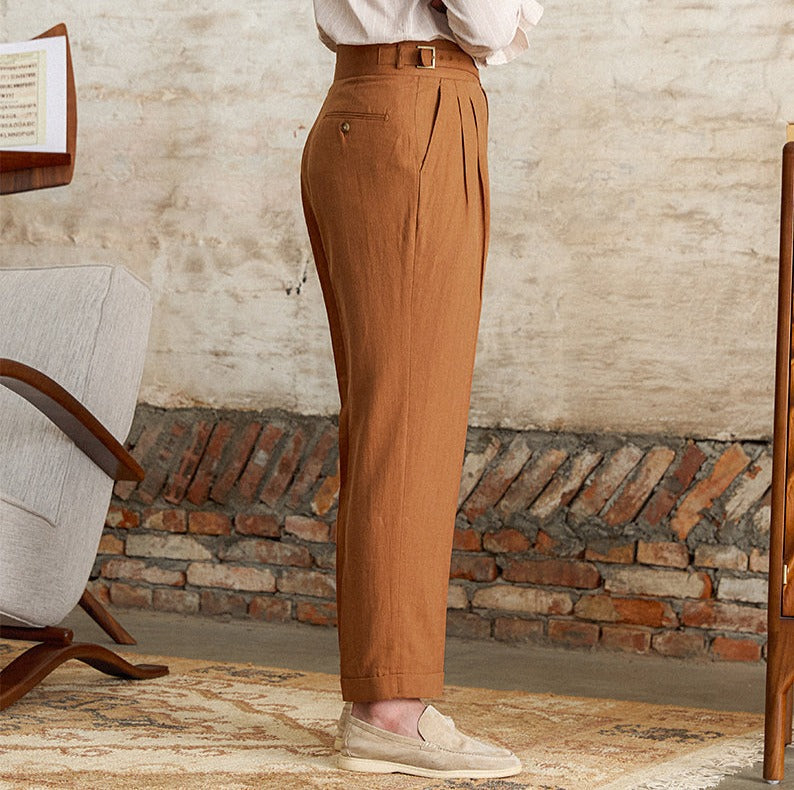 Napolitana Linen Blend Double Pleated Straight Fit Trousers