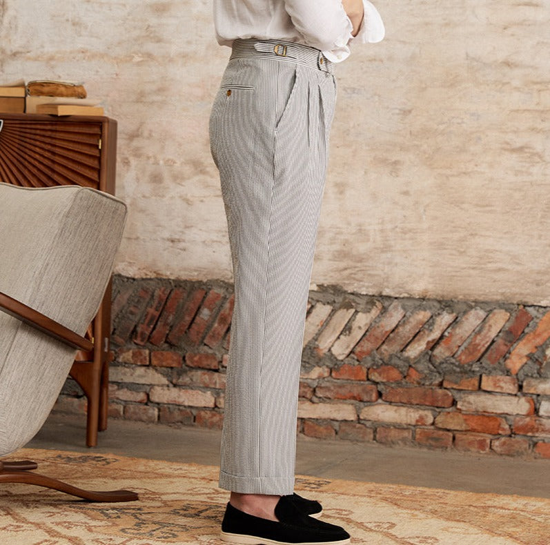 Cannes Seersucker Double Pleated Straight Fit Trousers