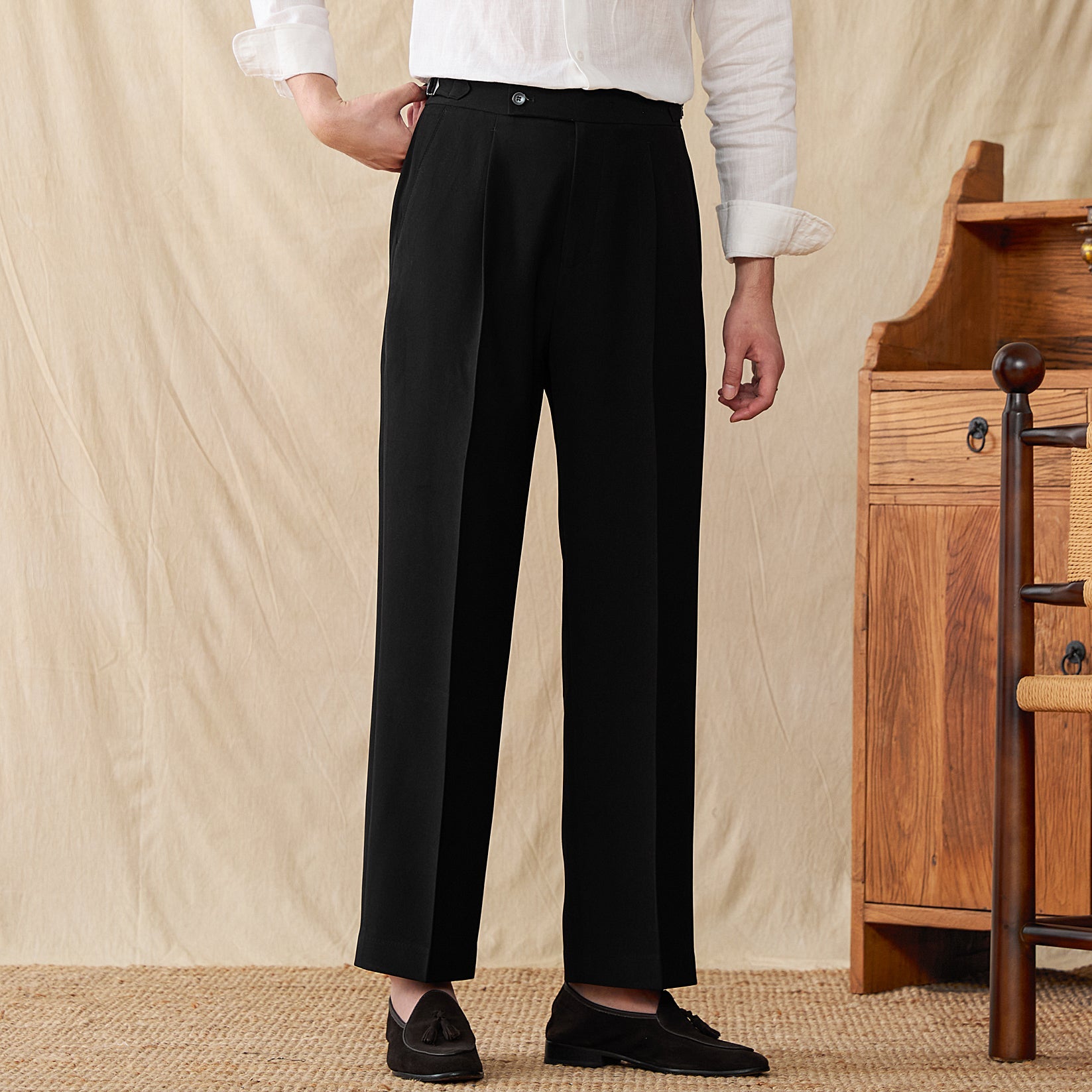 City Cotton Blend Pleated Straight Fit Trousers