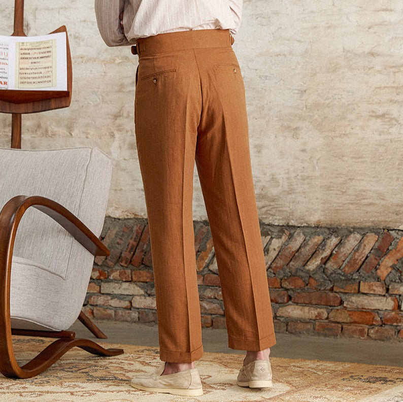 Napolitana Linen Blend Double Pleated Straight Fit Trousers