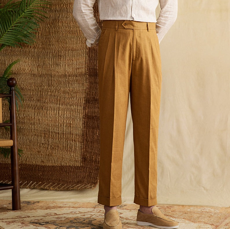 Bergamo Cotton Linen Blend Double Pleated Straight Fit Trousers