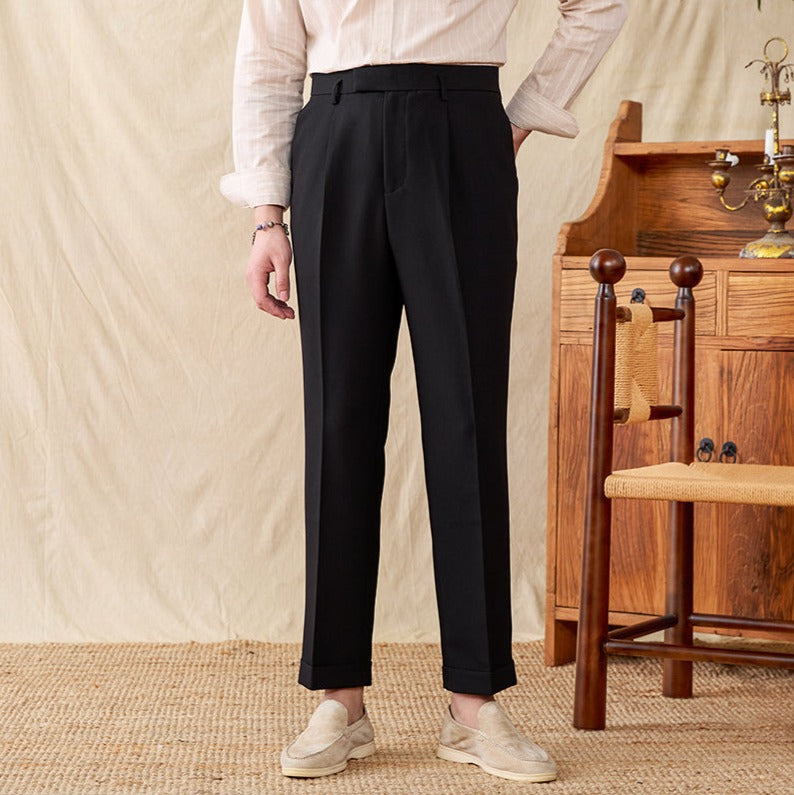 Business Cotton Blend Pleated Straight Fit Trousers