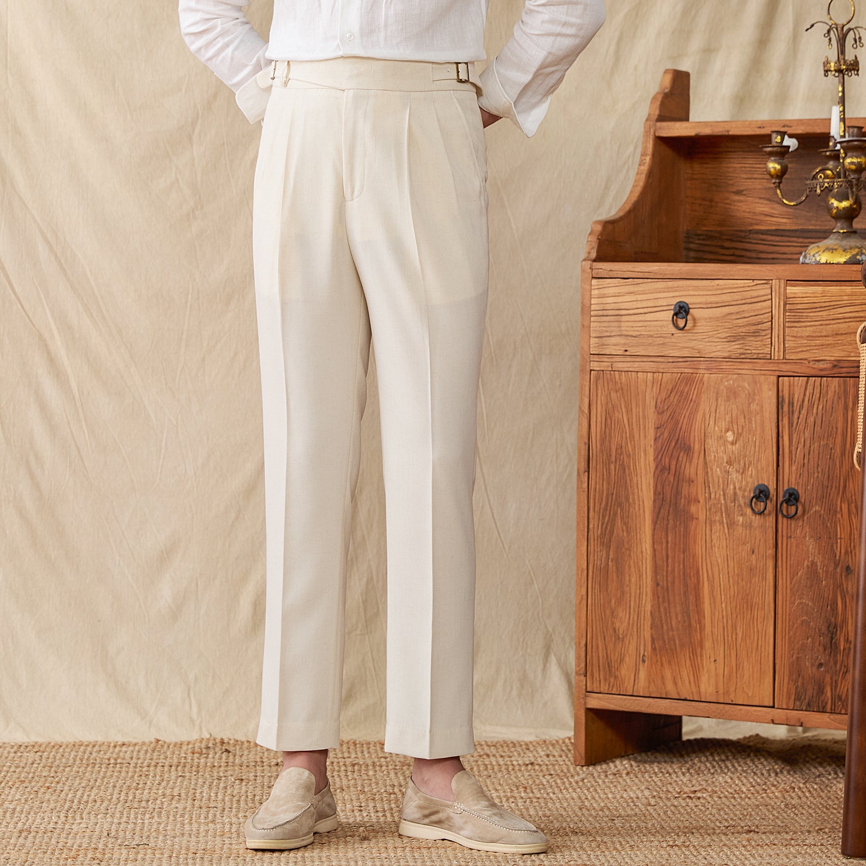 St. Maxime Linen Blend Double Pleated Straight Fit Trousers