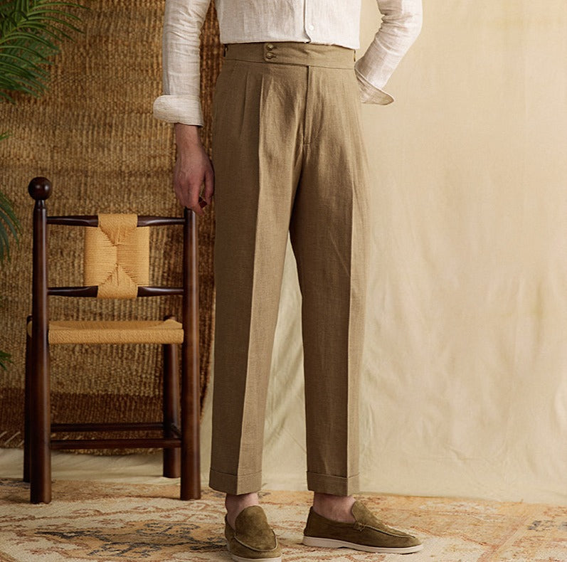 Portofino Linen Double Pleated Straight Fit Trousers