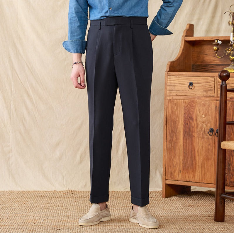 Business Cotton Blend Pleated Straight Fit Trousers