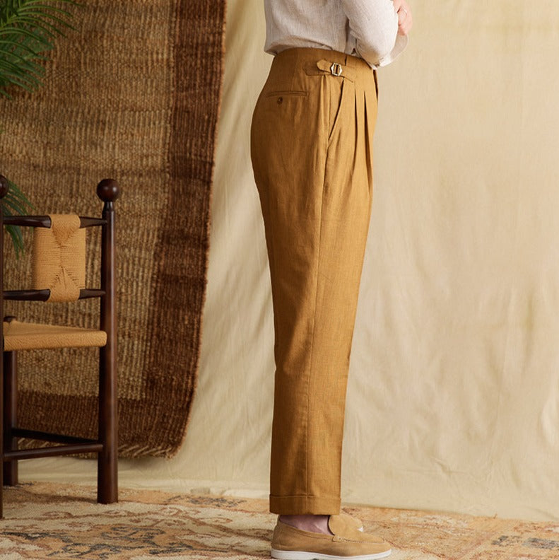 Semplice Linen Blend Double Pleated Straight Fit Trousers