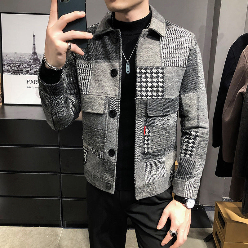 plaid stitching contrast woolen jacket