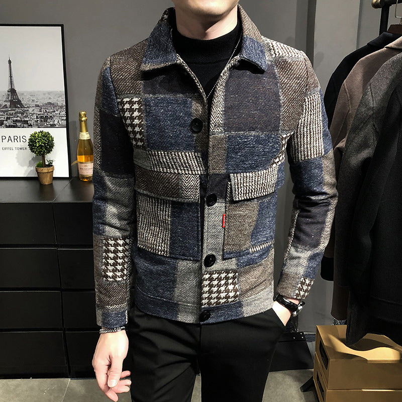 plaid stitching contrast woolen jacket