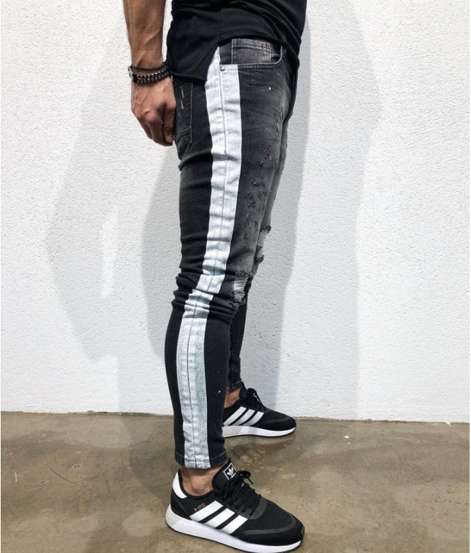 Shredded feet jeans side print jeans men