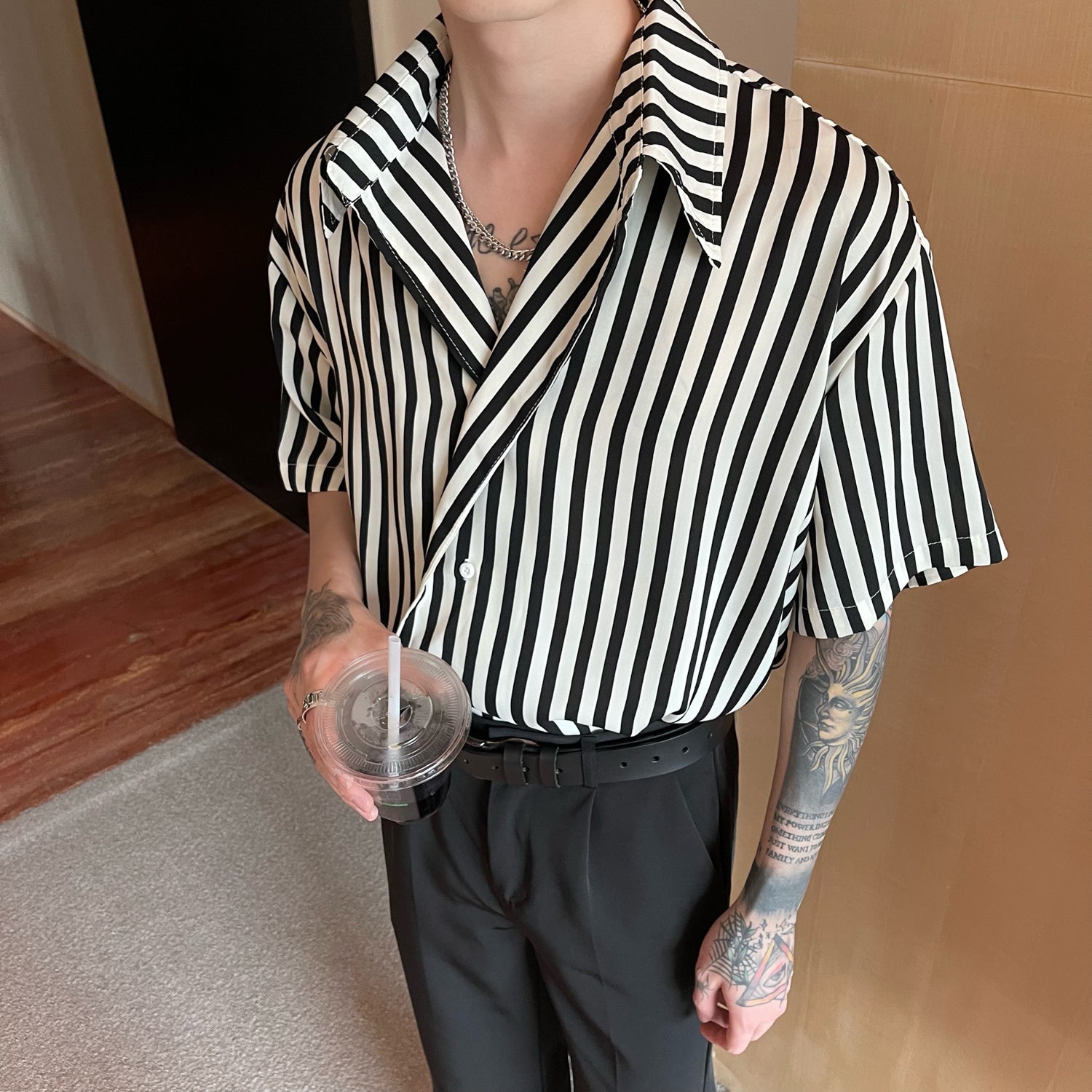 Men's Slanted Placket Striped Lapel Shirt