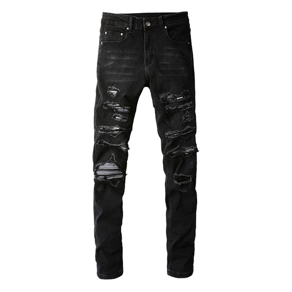 Collated Grey White Dyed Elastic Slim Fit Black Jeans For Men